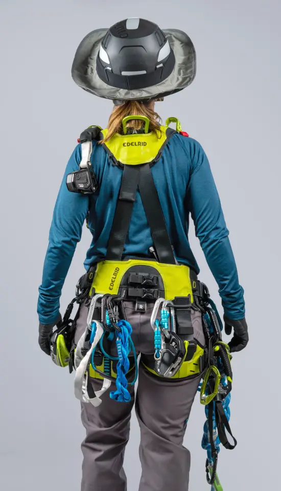 Back view of a climber wearing a blue shirt and a neon yellow Edelrid harness, helmet, and tool-laden belt with ropes and carabiners visible.