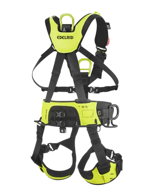 Full-body safety harness with neon-yellow accents and back D-ring for fall protection.