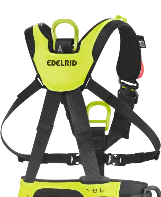 Bright yellow Edelrid climbing safety harness with back D-ring, padded waist, and adjustable shoulder and leg straps.