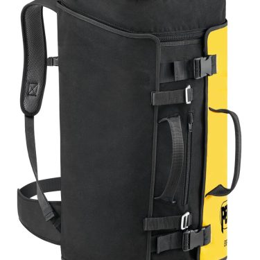 Tall black gear bag with a bright yellow top and yellow side panel, featuring multiple straps, buckles, and handles for securing equipment.