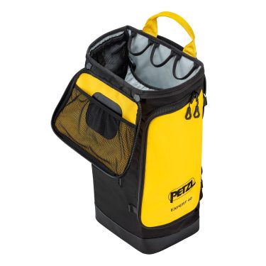 Yellow and black tool backpack with multiple compartments and a mesh side pocket, labeled Petzl Expert 40 for climbing gear transport