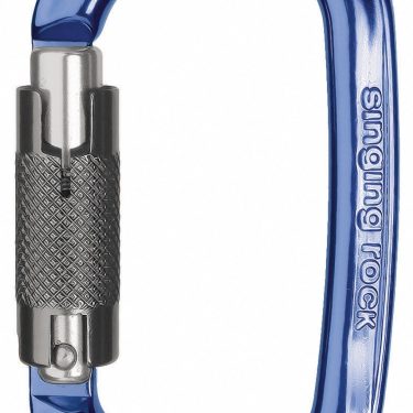 Blue locking carabiner with a knurled gate, shown in a close-up view.