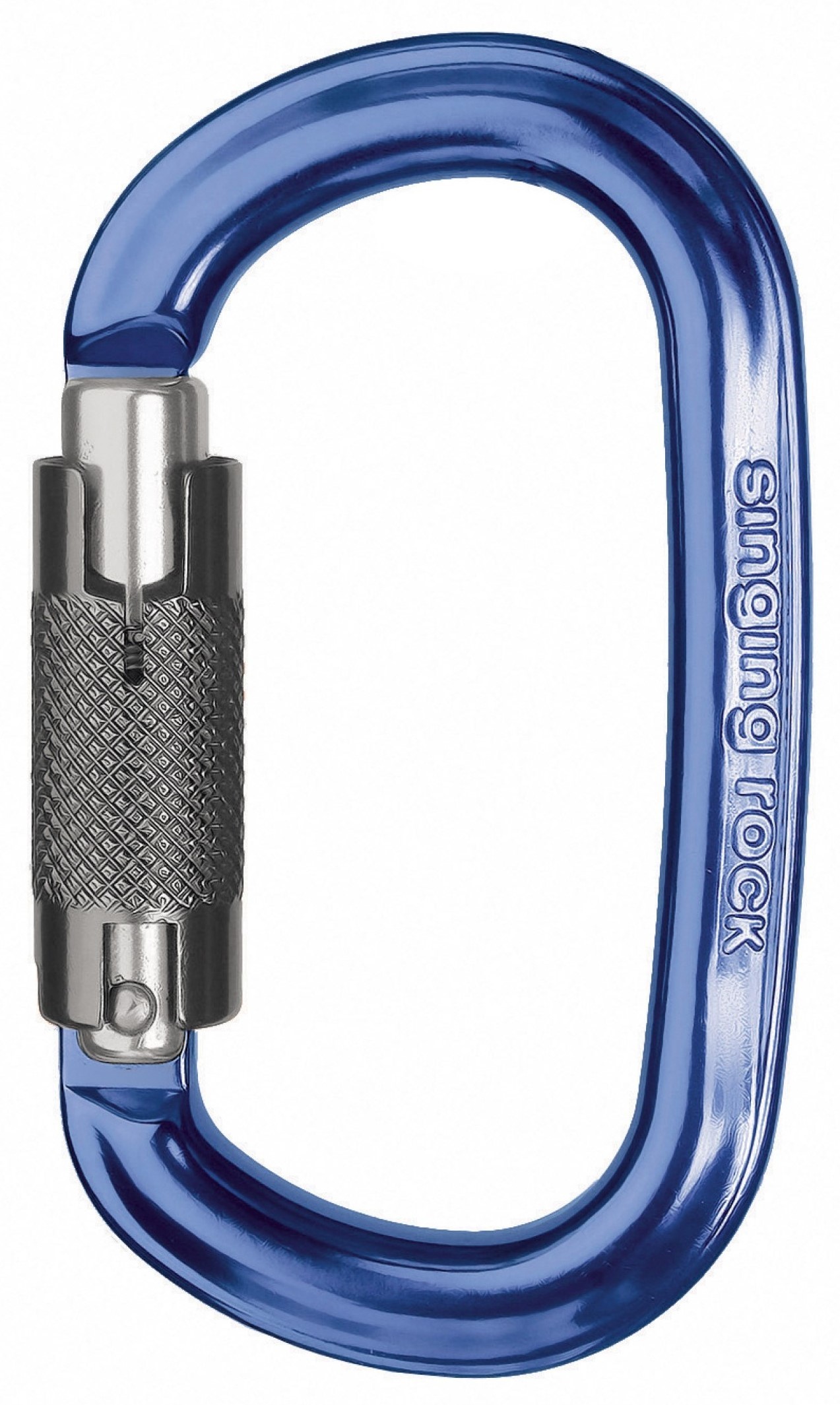 Blue locking carabiner with a knurled gate, shown in a close-up view.